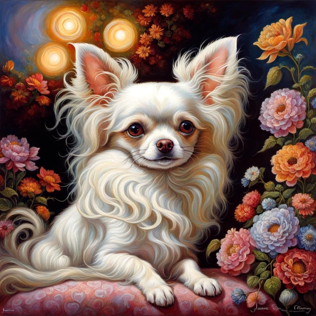 Chihuahua Portrait with Flowers, Oil Painting Style