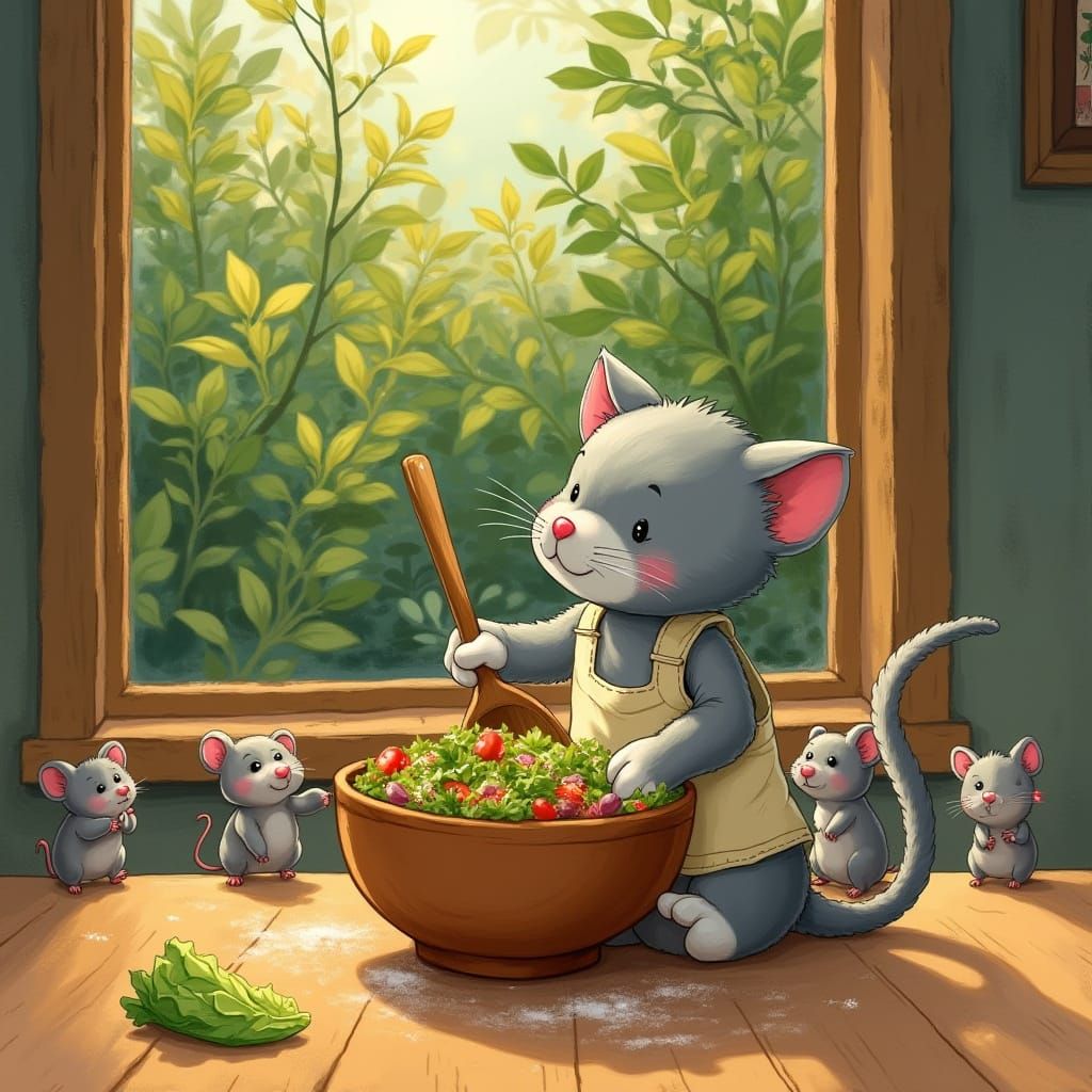 Whimsical Cartoon Kitten Stirs Salad in Cozy Kitchen