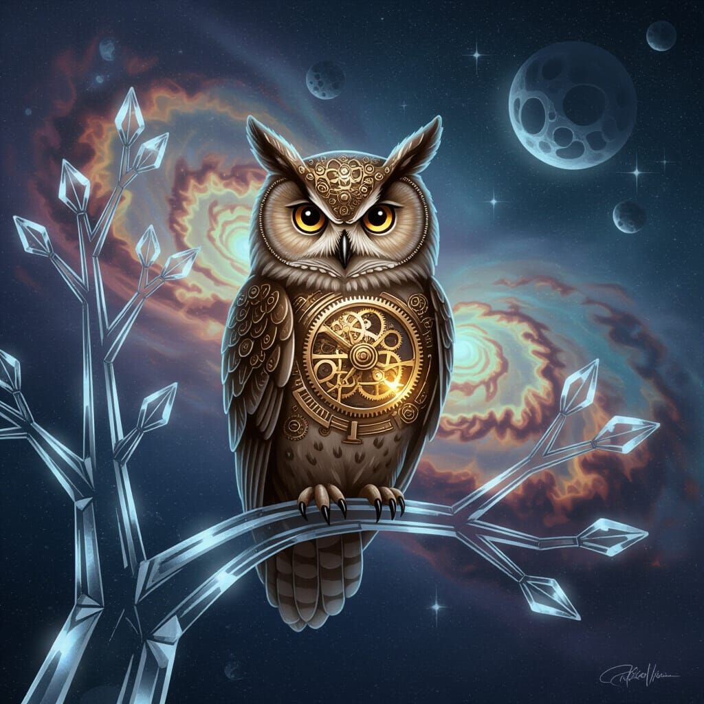 Clockwork Owl on Crystal Tree in Cosmic Nebula Digital Art