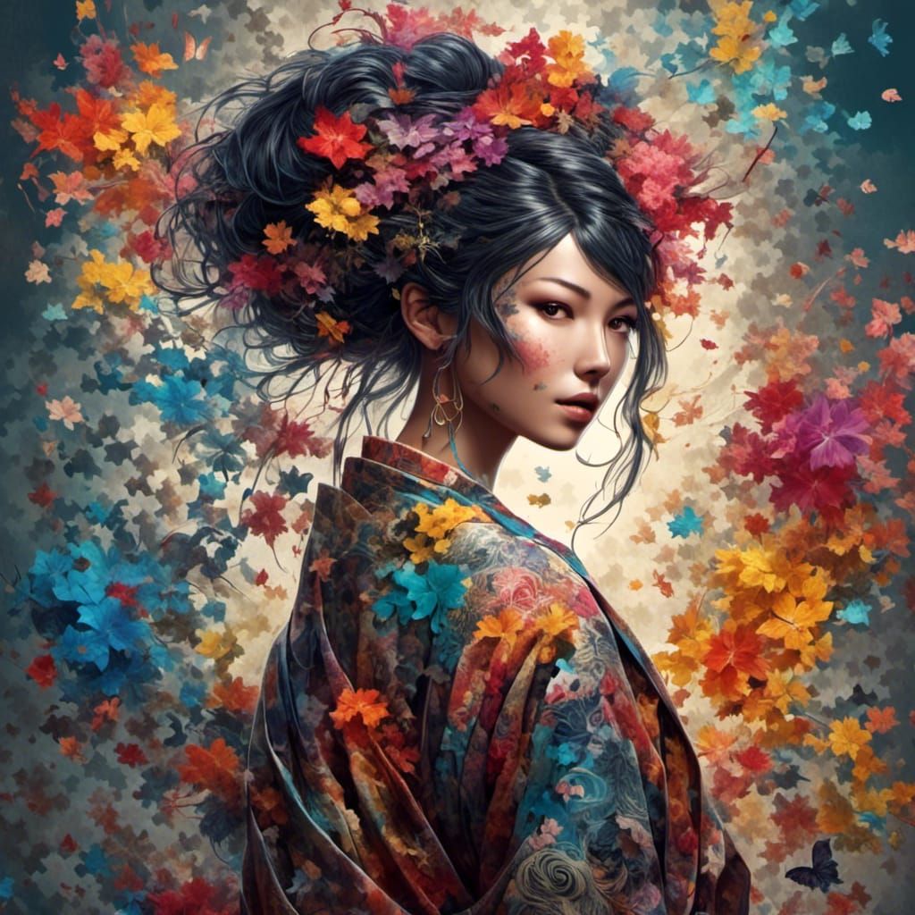 Colorful Tattooed Kimono Girl with Fractal Hair