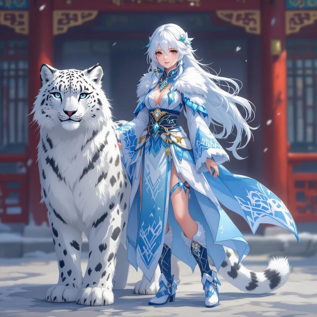 Anime Girl with Snow Leopard Companion, Genshin Impact Style