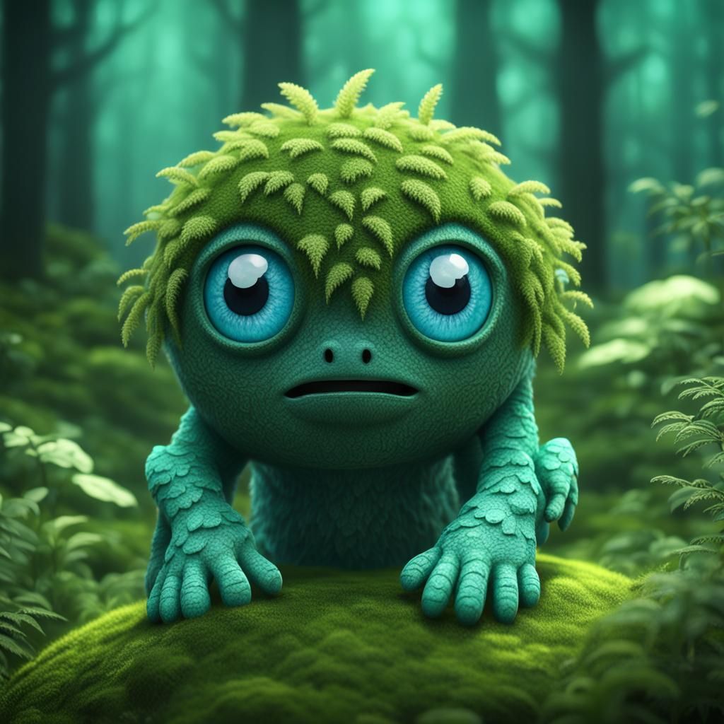 Adorable Moss Creature, Intense Big Turquoise Eyes, Evergreen 
Forest, 3d shading, Misty Atmosphere, 8k Resolution, Intr...