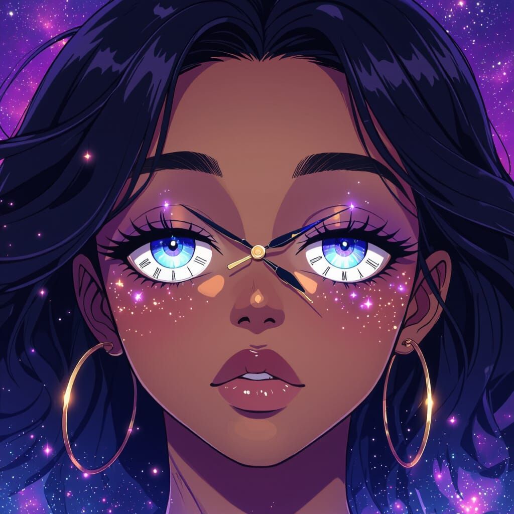 Serene Woman With Clock Eyes in Cosmic Anime Style