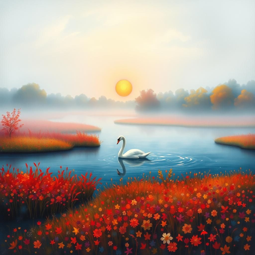 Swan in Autumnal Landscape: Impasto Watercolor