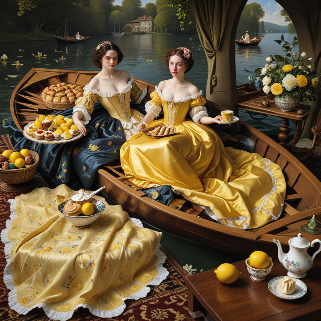Lady in Splendid Yellow Gown Conveys Romance on a Serene Wat...