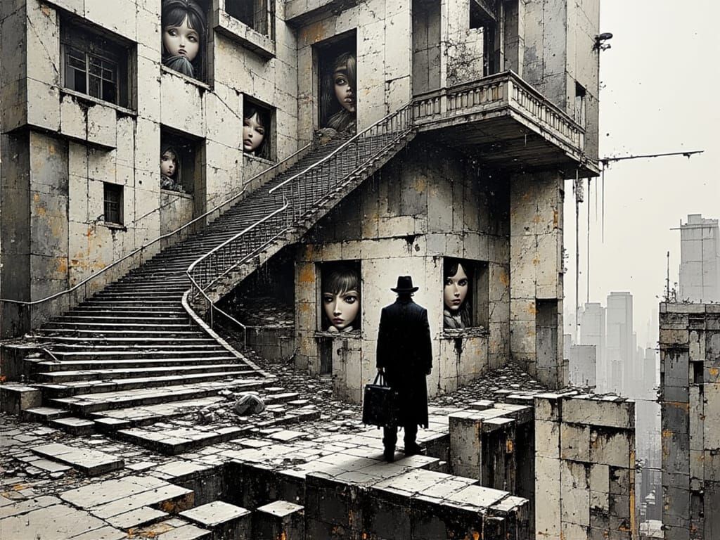 Surrealist Escher-Inspired Staircase Chaos with Uncle Sam Fa...