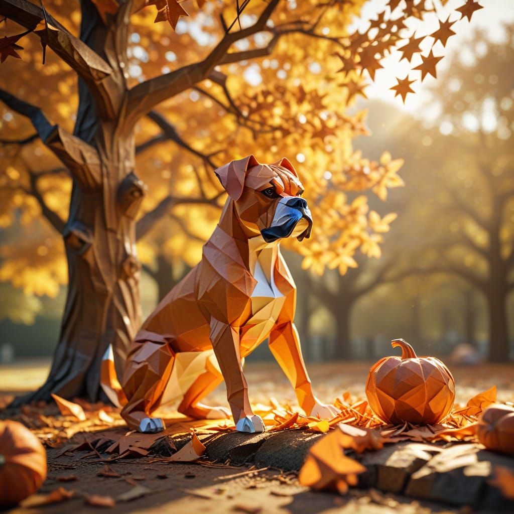 Boxer Carves Pumpkin in Autumnal Origami Style