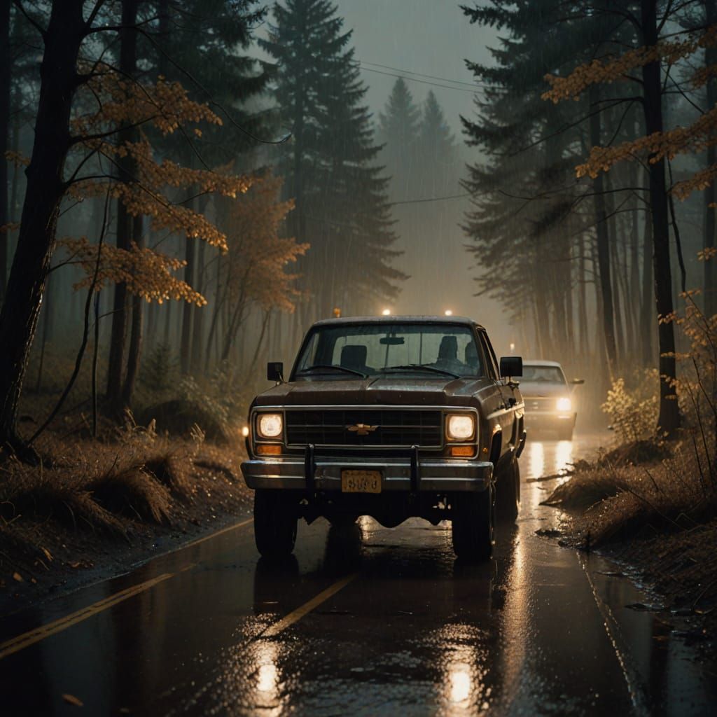 Bigfoot Stares at 1982 Chevrolet K20 Pickup in Rainy Autumn ...