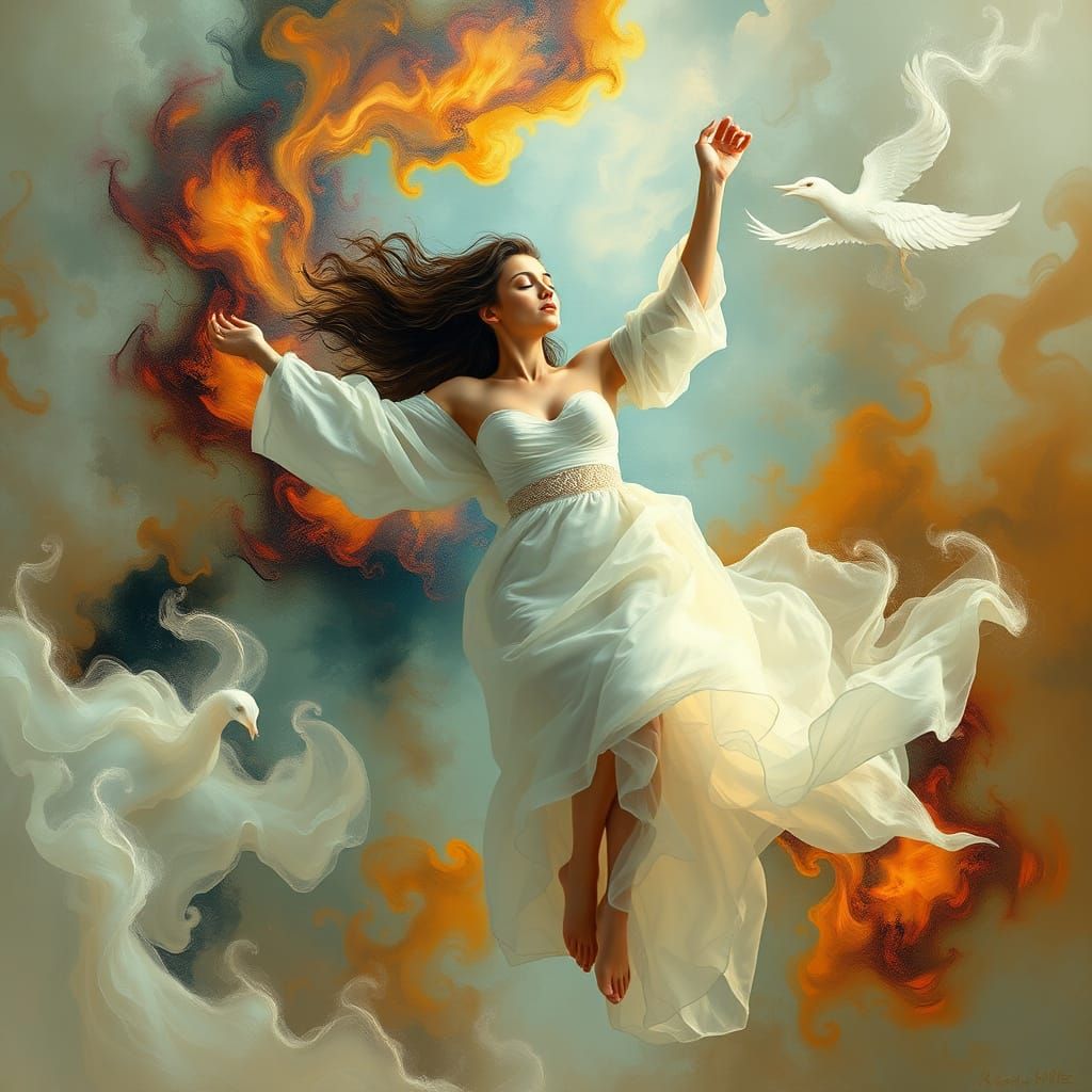 A stunning and thought-provoking conceptual art piece featuring a woman slowly sinking into a dream-like state. She is s...