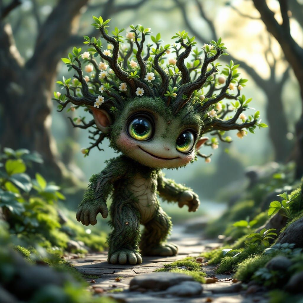 Whimsical Bonsai Chibi Ent in Enchanted Forest