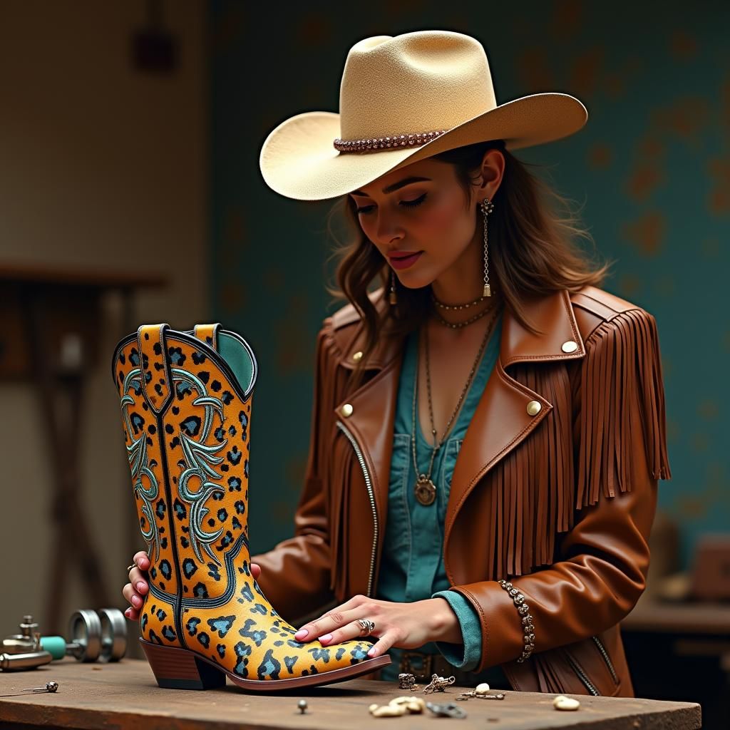 Woman Designs Leopard Print Cowboy Boot, Digital Art