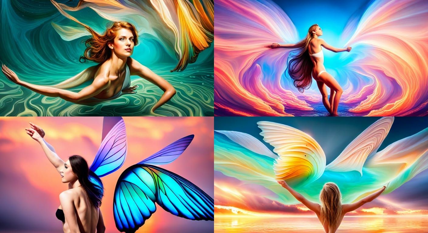 Evolved Humans with Wings Swimming Underwater