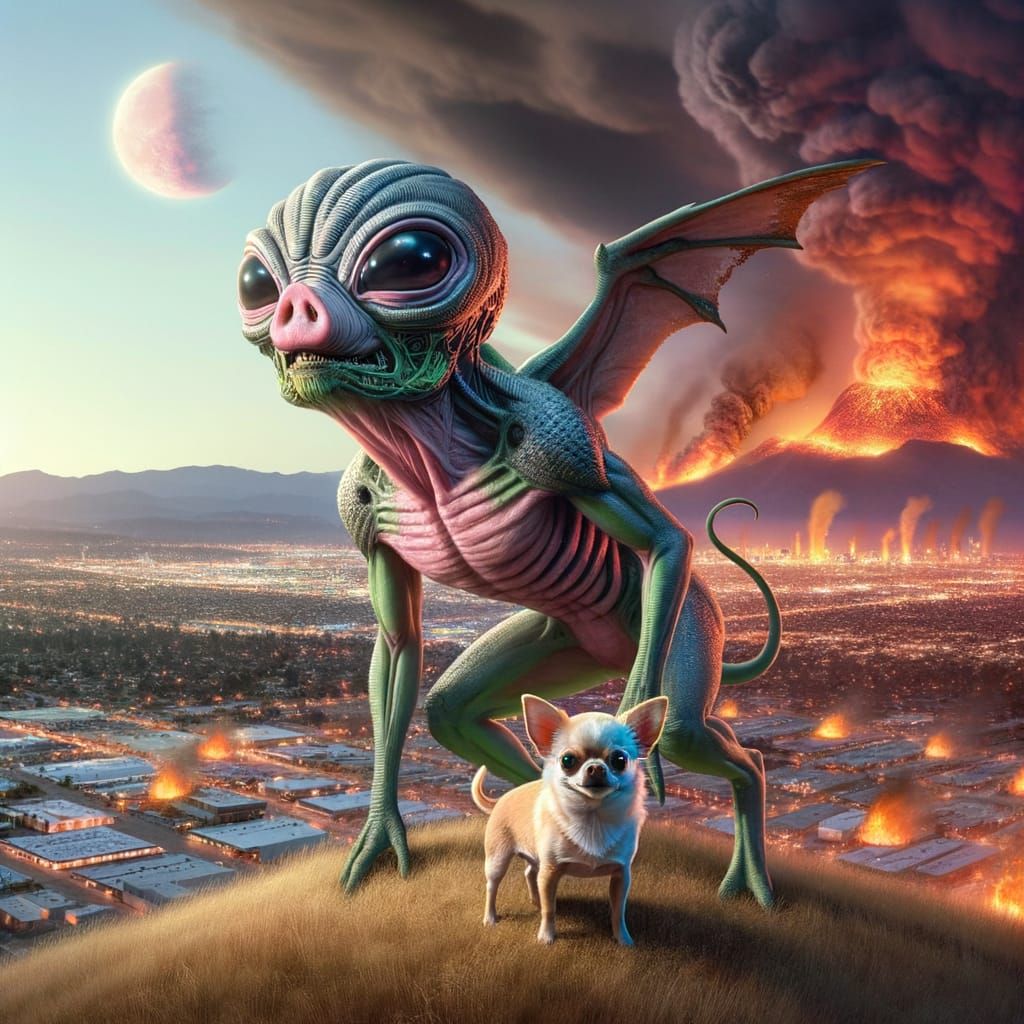 Alien Pig-Chihuahua Conquers Burning City
