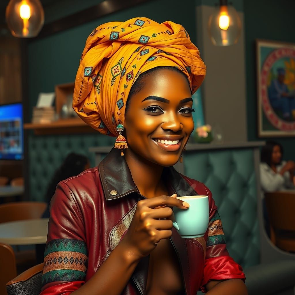 West African Woman Sits in Warm Cafe Light, Wearing Vibrant ...