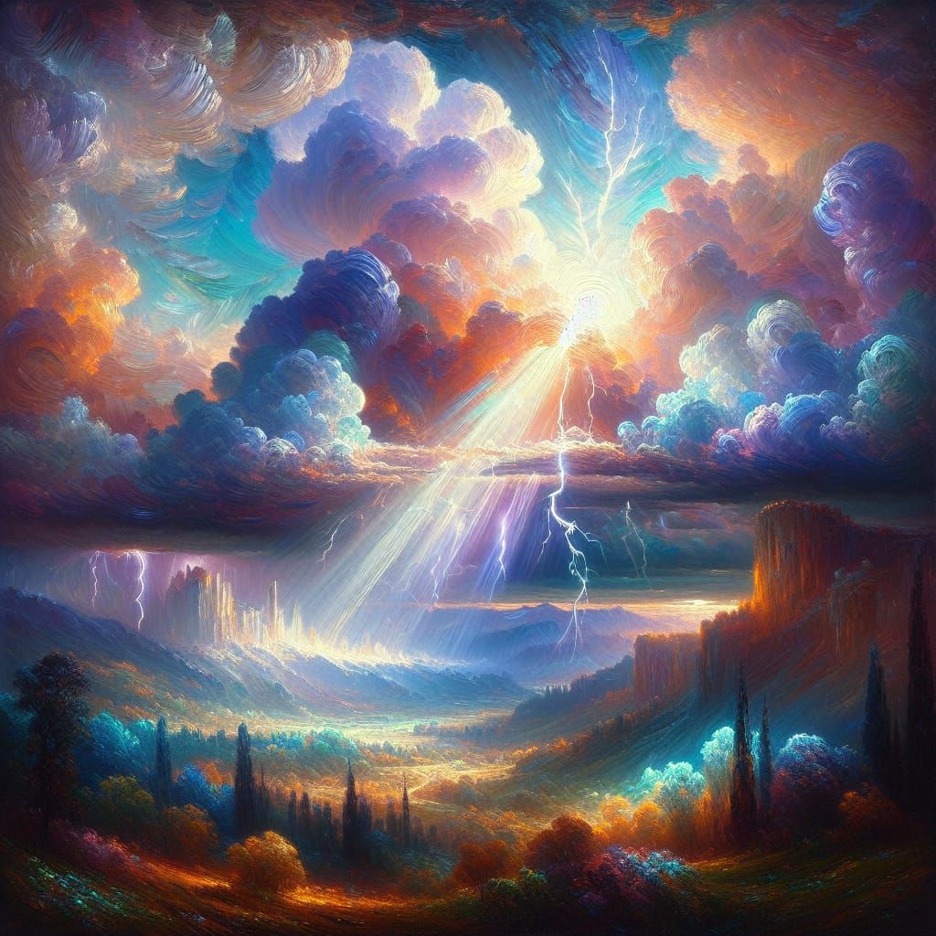 Iridescent Lightning Storm in Impressionist Style