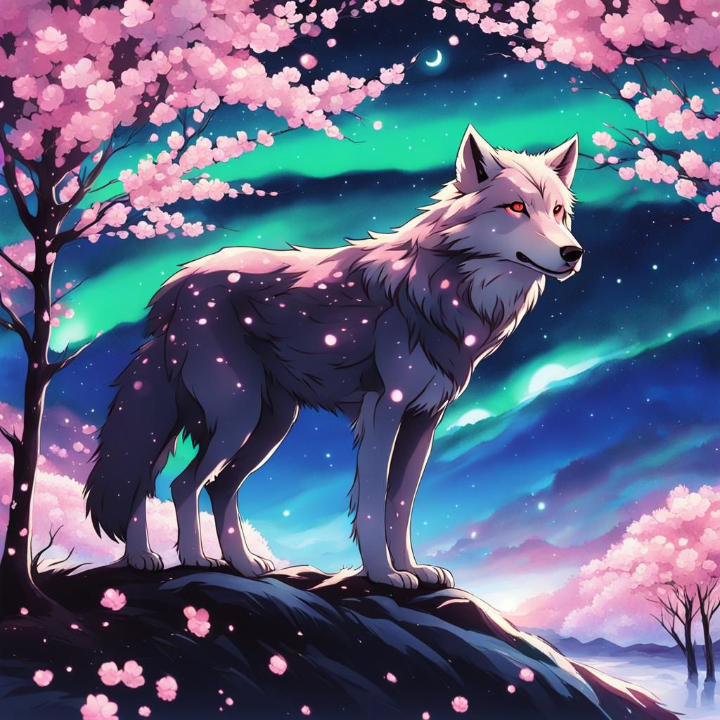 Wolf, Cherry Blossoms, and Northern Lights in Anime Style