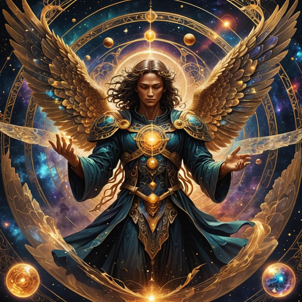 Surreal Cosmic Angel Casting Spells: Astral Illustration