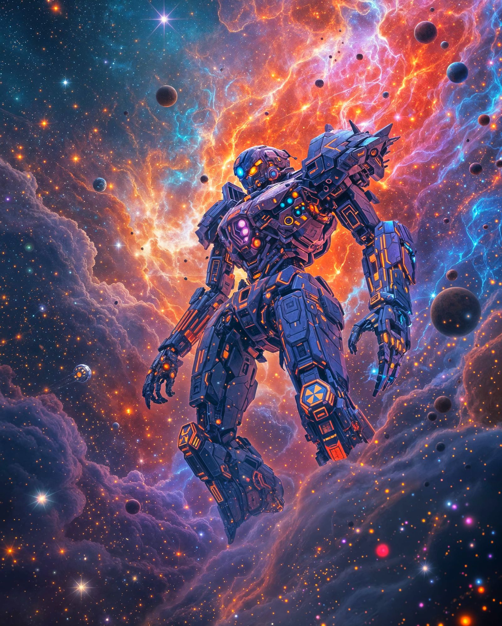 Cyberpunk Battle Mech in Nebula, Digital Art