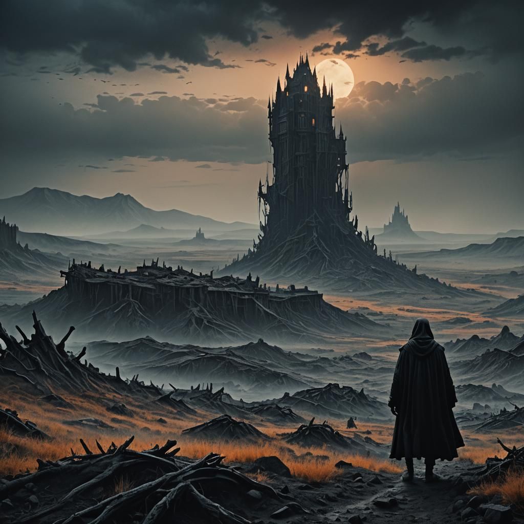 Terrifying Entity in War-Torn Landscape: Dark Fantasy Art