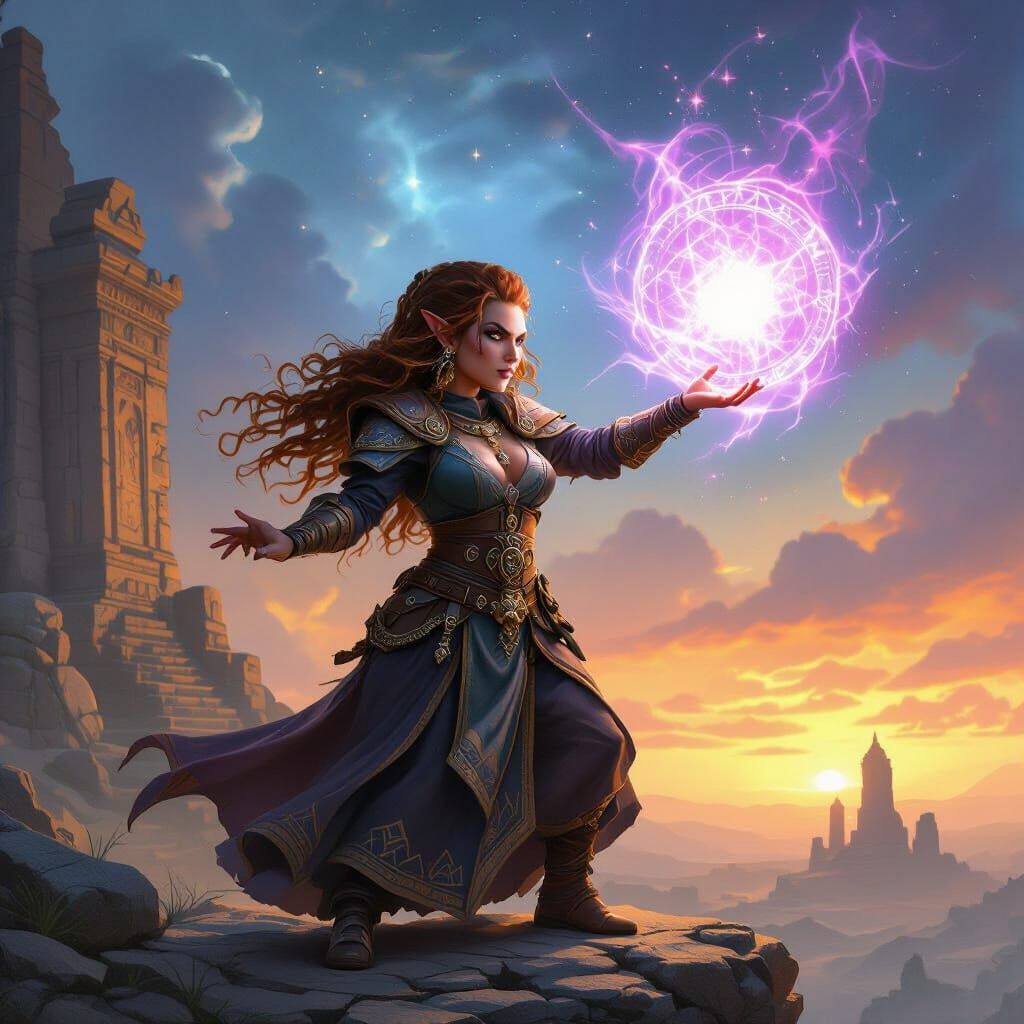 Female Dwarf Wizard Casting Spell Over Ruins