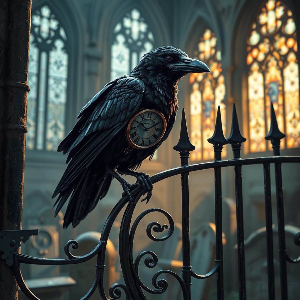 Clockwork Raven in Gothic Cemetery Portrait