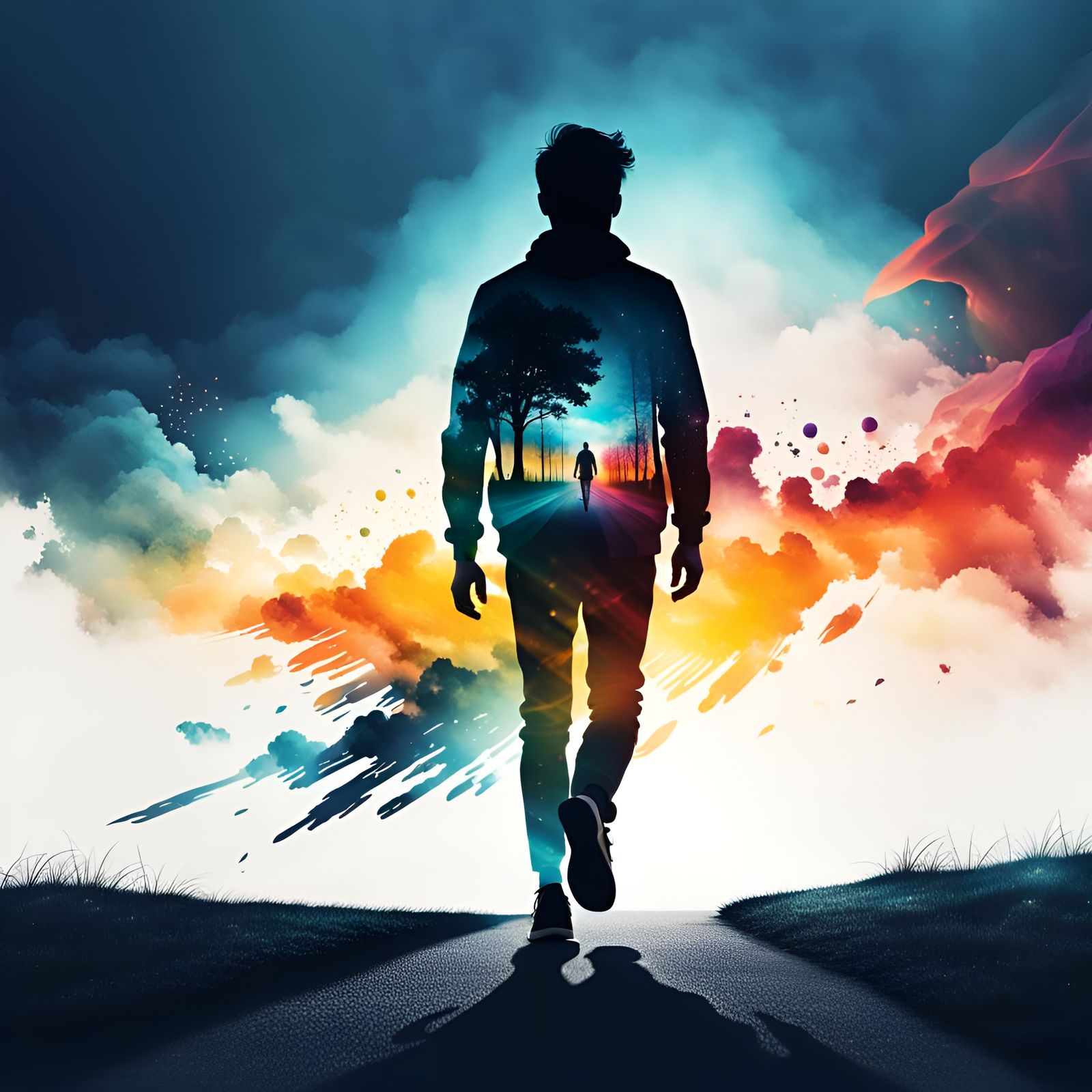 Silhouette Escaping Dark Thoughts to Brighter Future