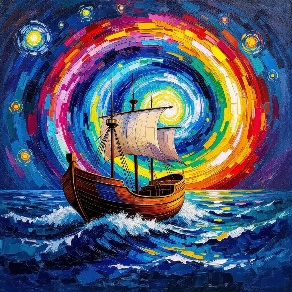 Ark Boat Sails Sci-Fi Rainbow: Van Gogh Style