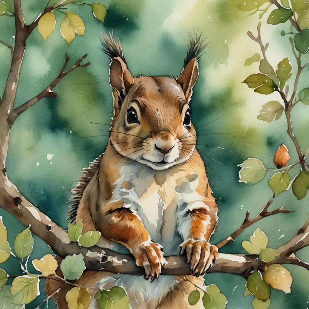 Whimsical Squirrel Portrait in Watercolor Style