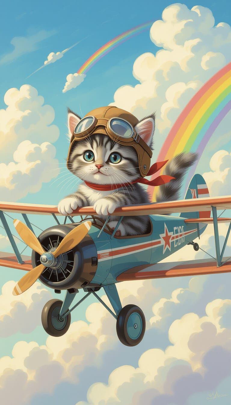 Kitten Pilot Soaring Through the Sky in Ghibli Style
