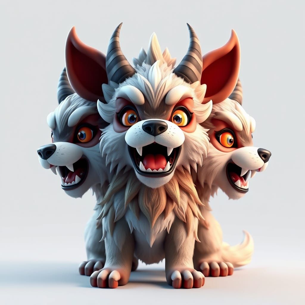Adorable Three-Headed Dog in Whimsical Anime Style