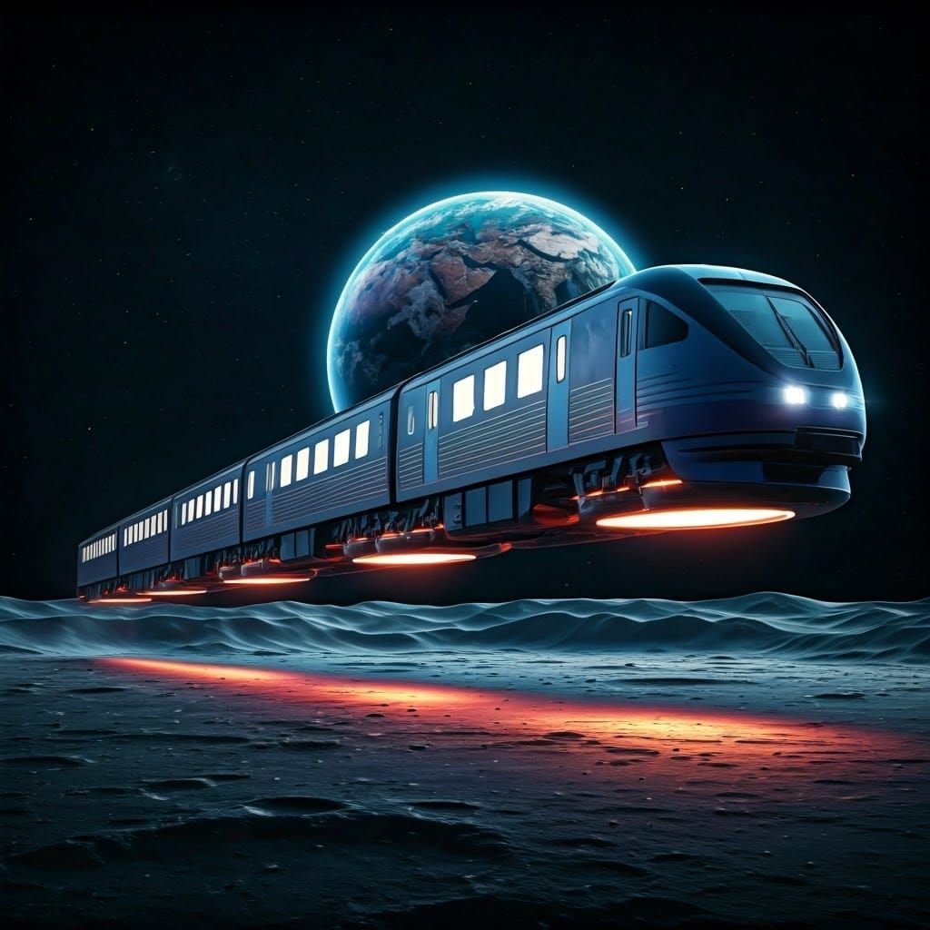 Futuristic Train Speeds Across Moon's Rugged Terrain
