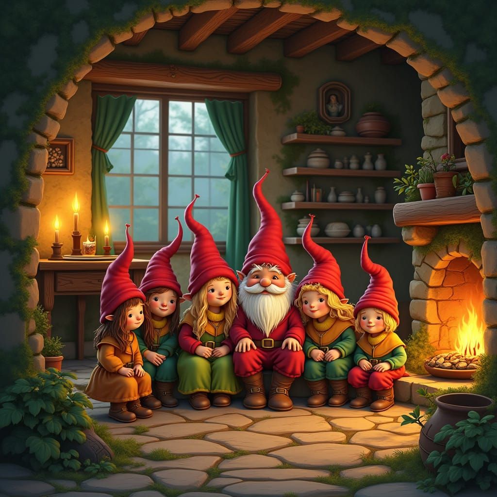 Warm Gnome Family Gathering in Cozy Rustic Home