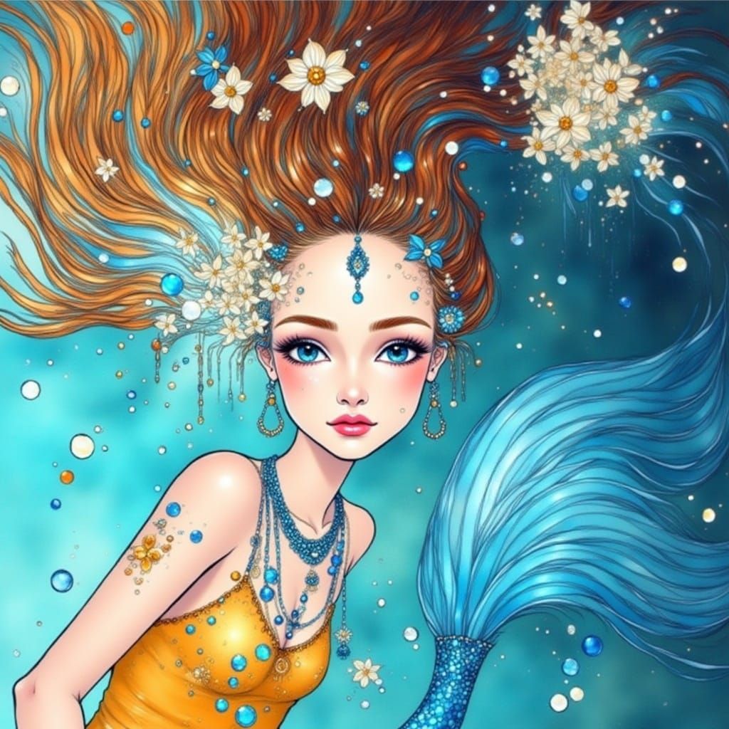 A Mermaid Emerges from the Ocean in Vibrant Flux Oil Style