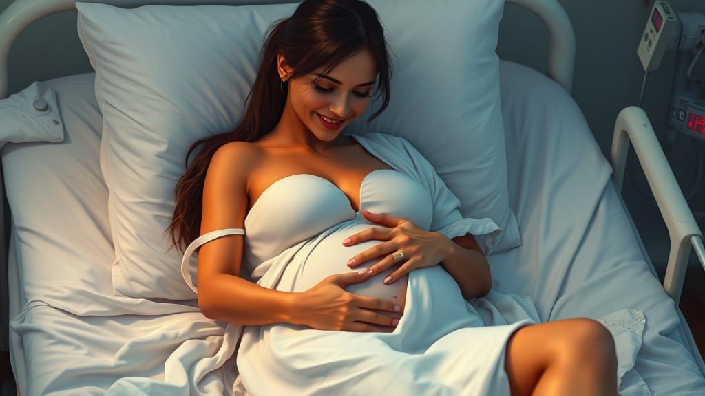 Pregnant Lara Croft in Hospital Gown, Gentle Smile
