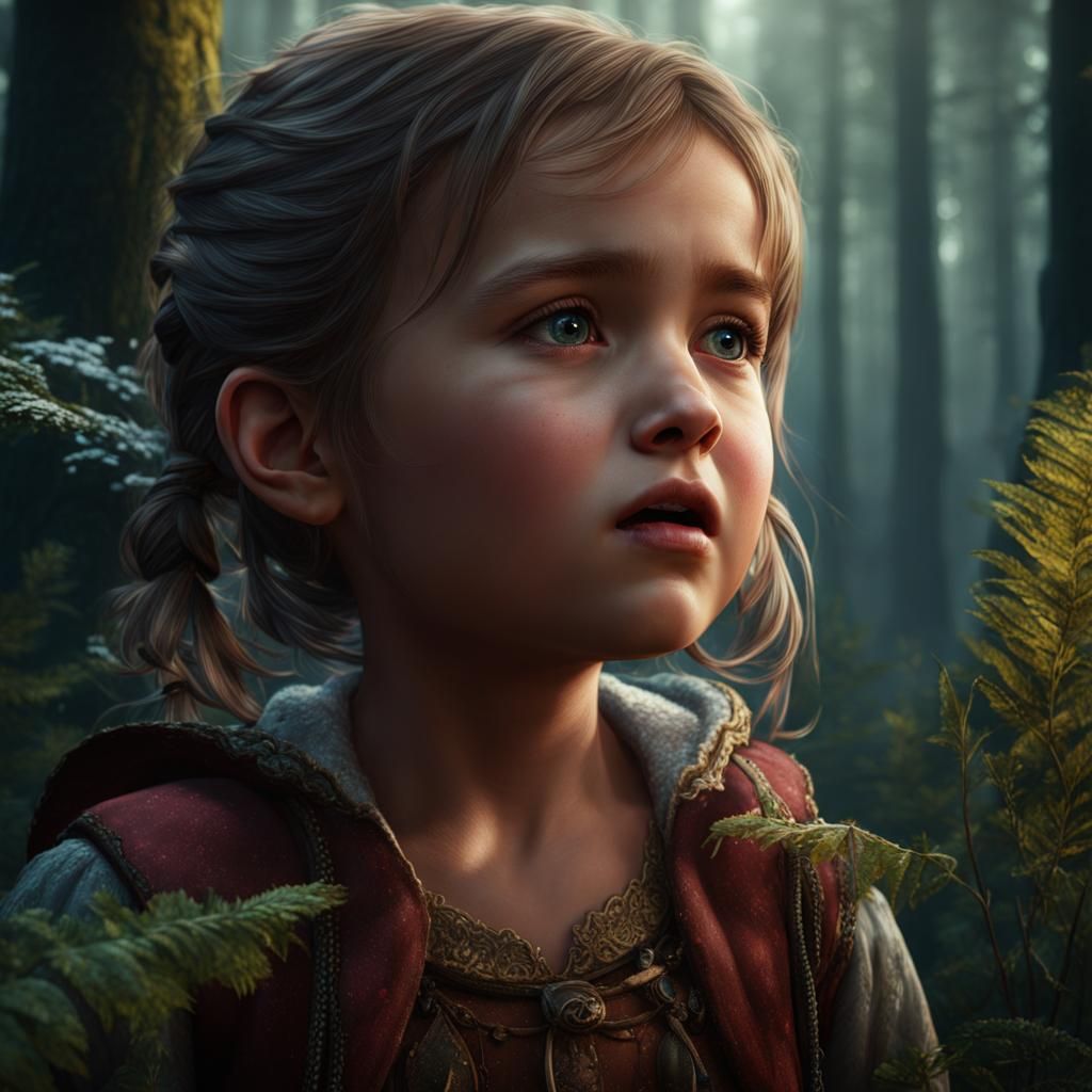 Crying Girl in Forest: Detailed Matte Painting