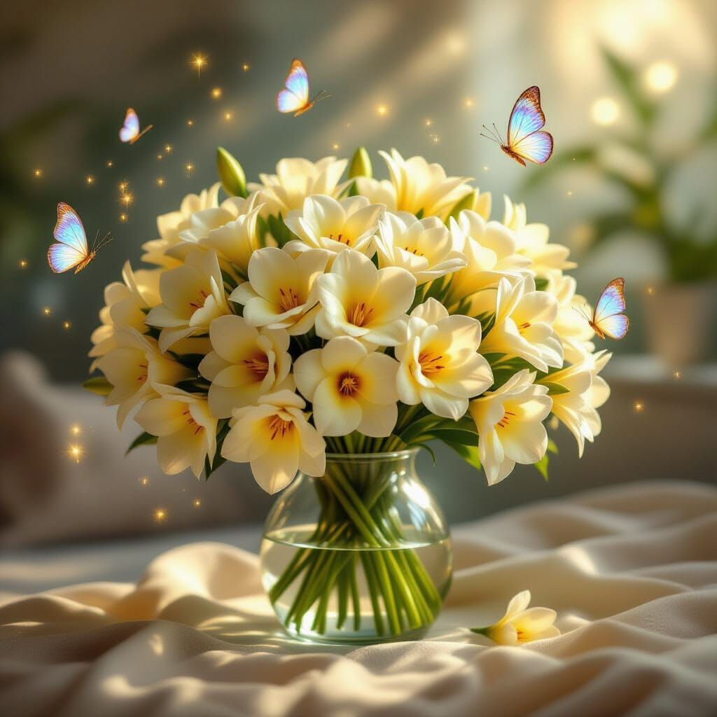 Luminous Freesia Bouquet with Ethereal Butterflies