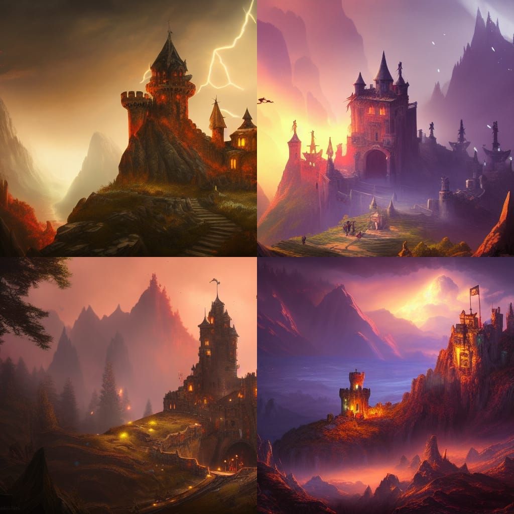 Fantastical Abandoned Castle on Mountain in Matte Painting