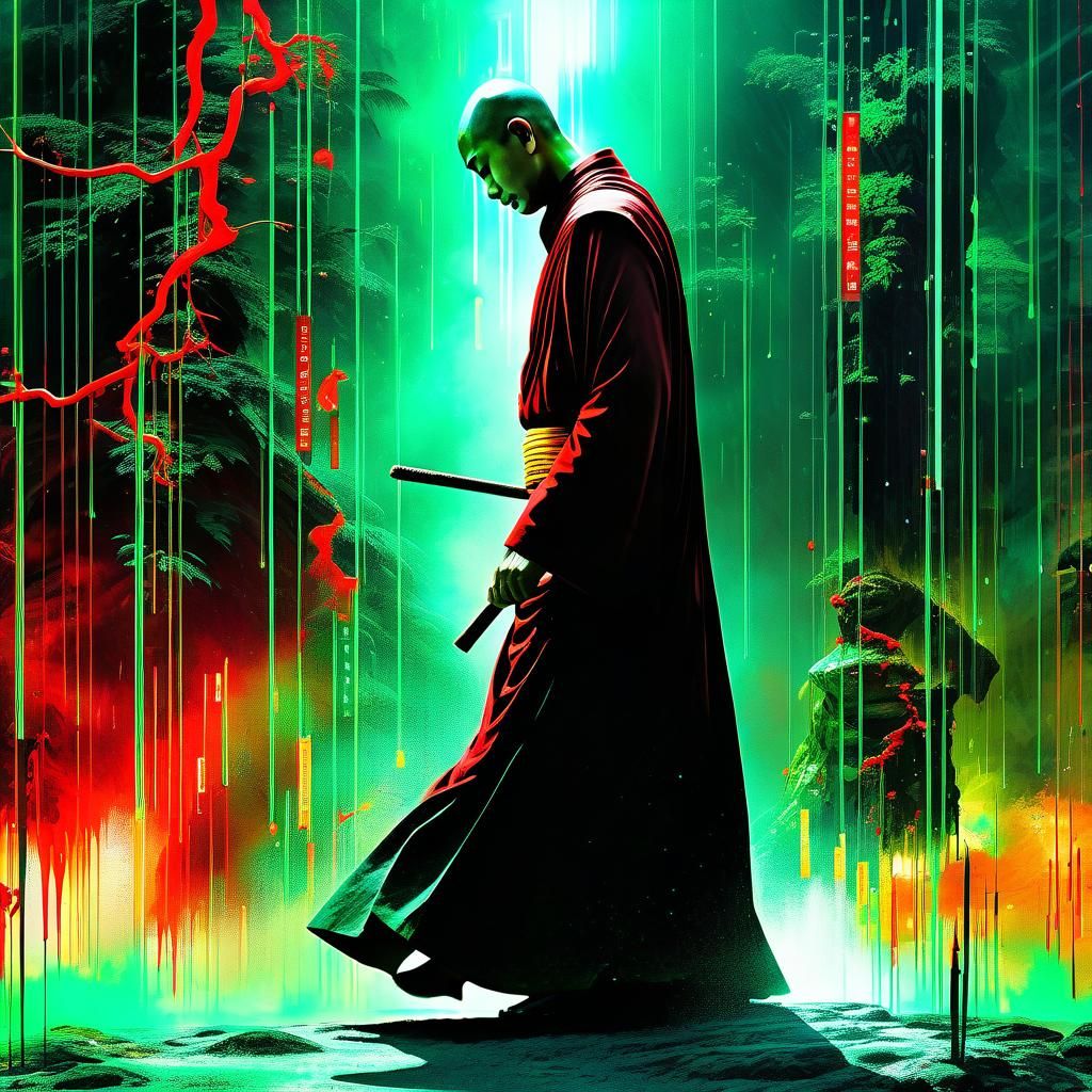 Monk Meditates as Matrix Code Rains Down