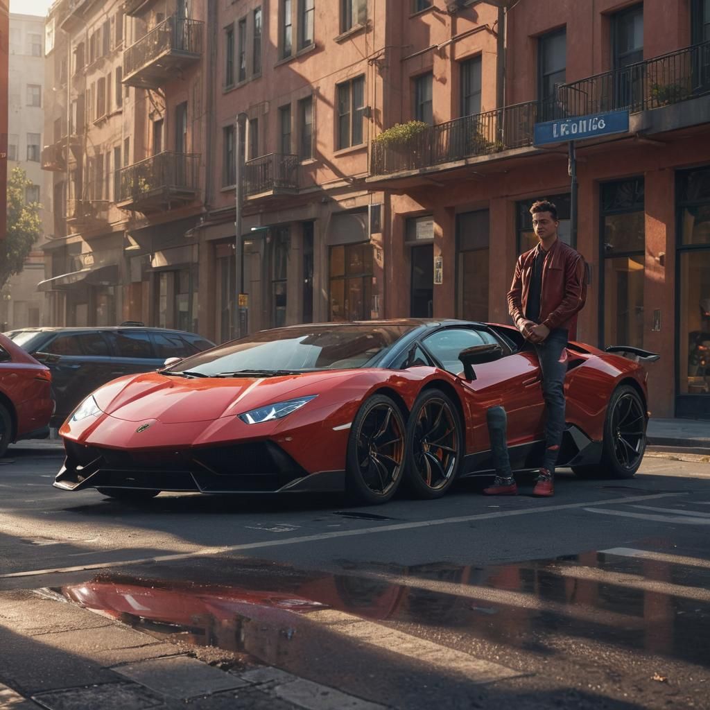 Lamborghini in a Modern City, Dreamlike Matte Painting
