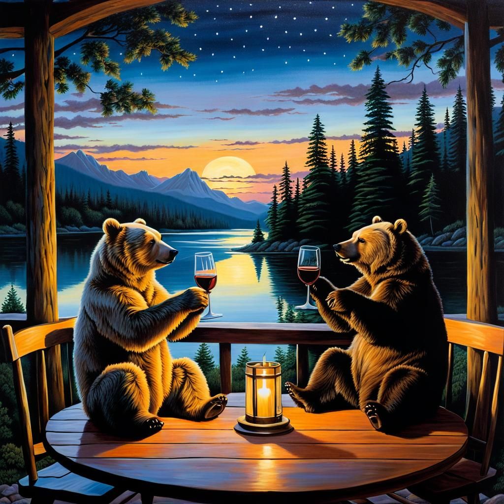 Romantic Bears Twilight Dinner in Photorealistic Style
