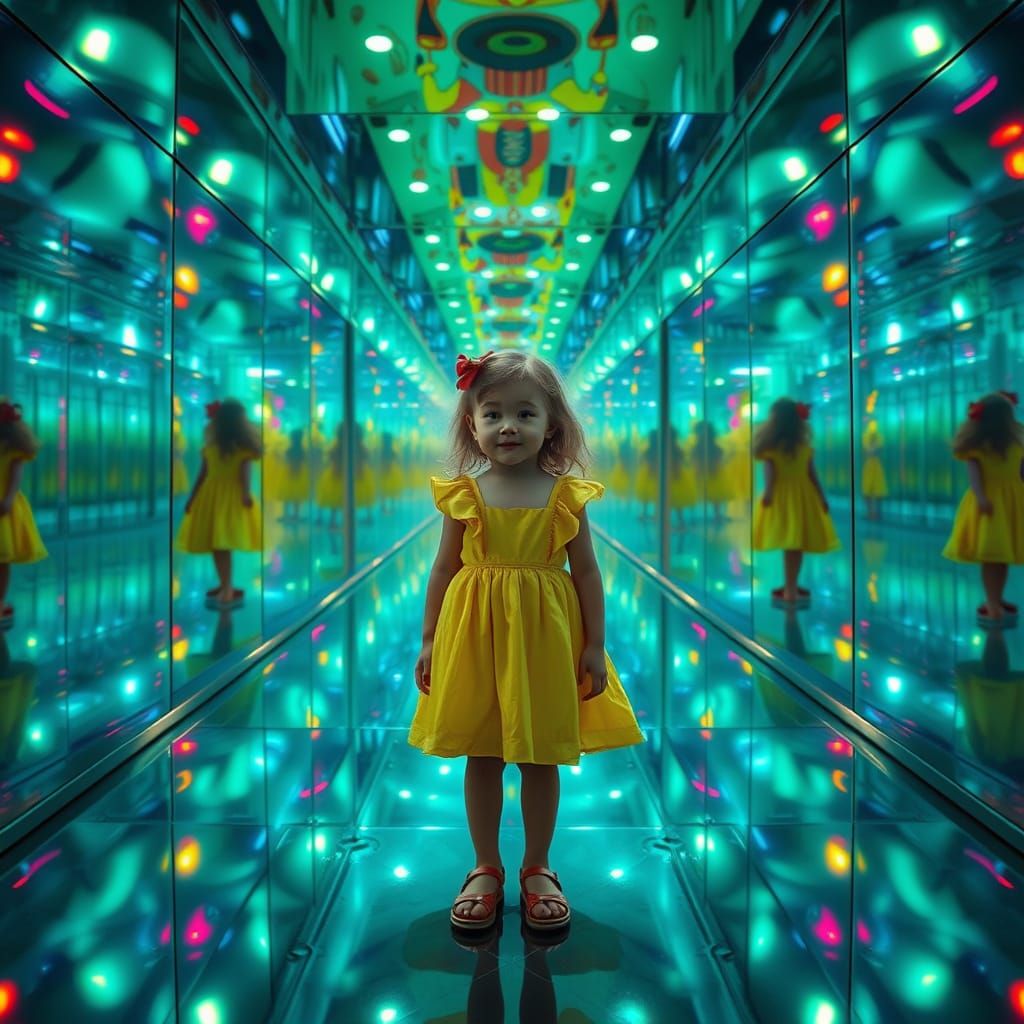 Confused Girl in Kaleidoscopic Mirror Hall