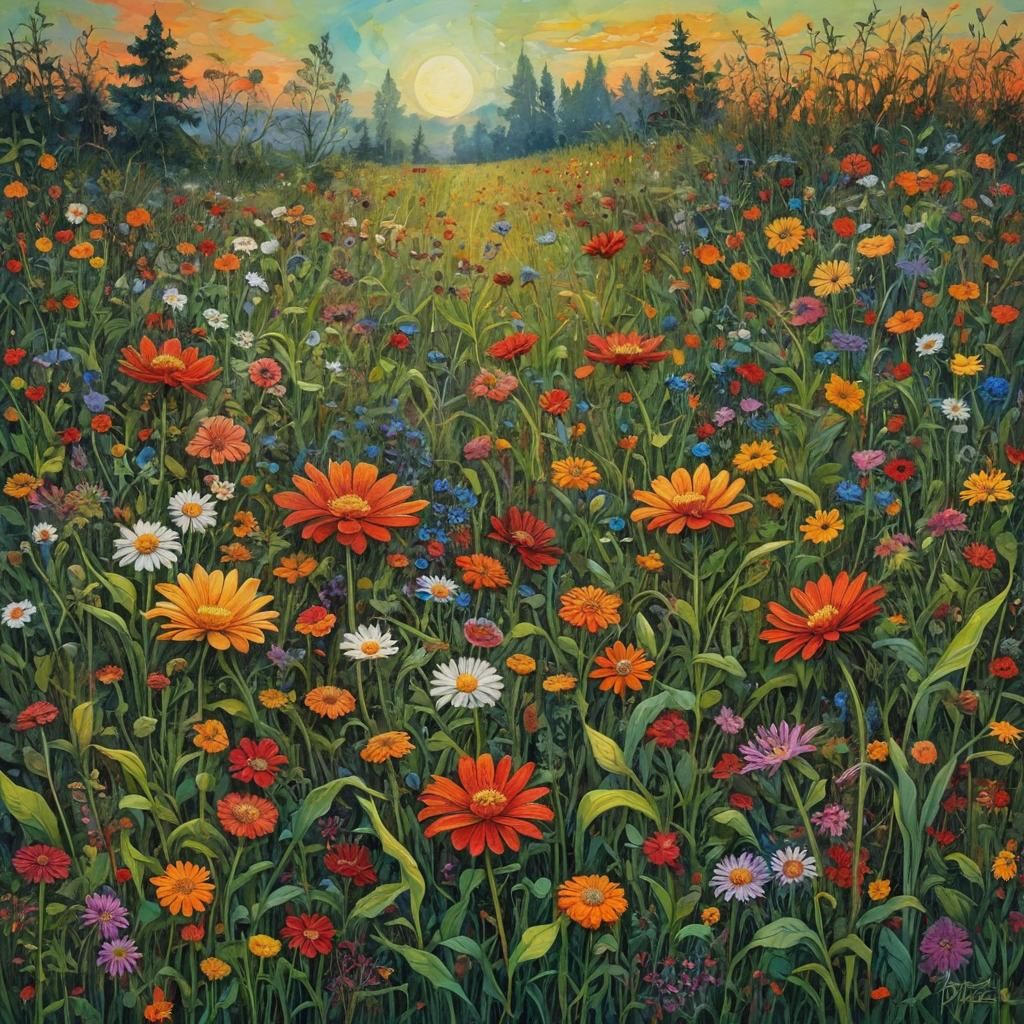 Sunrise Meadow with Floral Folk Art Details