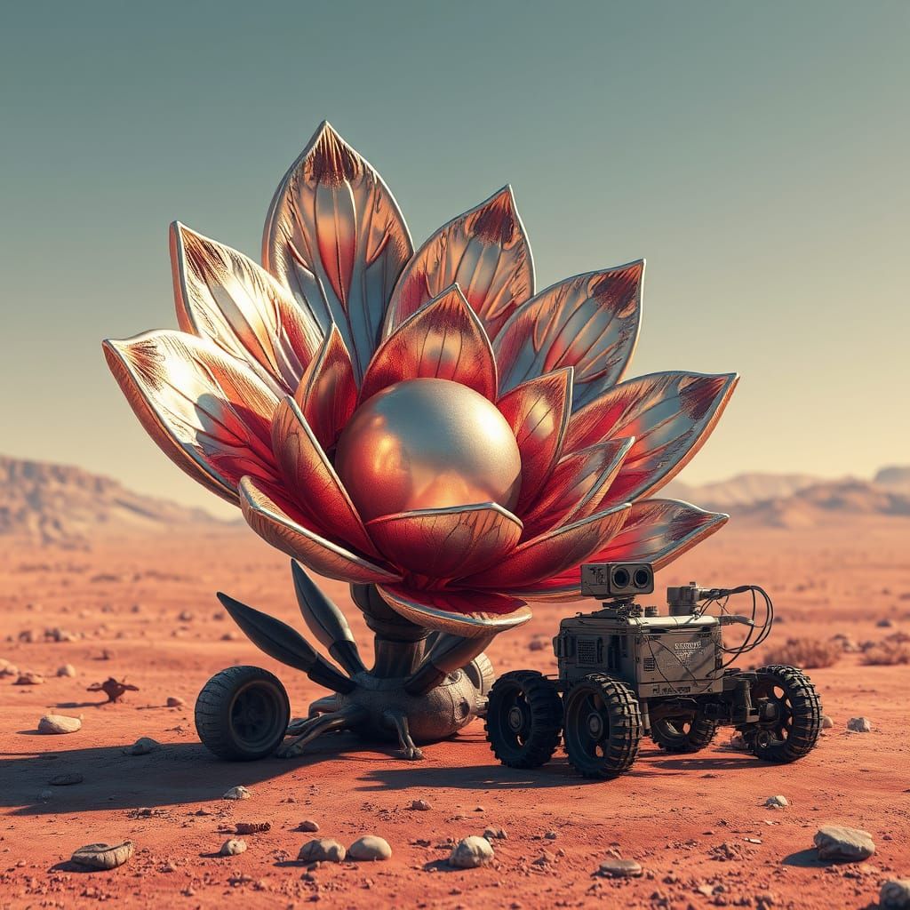 Intricate Metallic Flower on Alien Planet with Rover