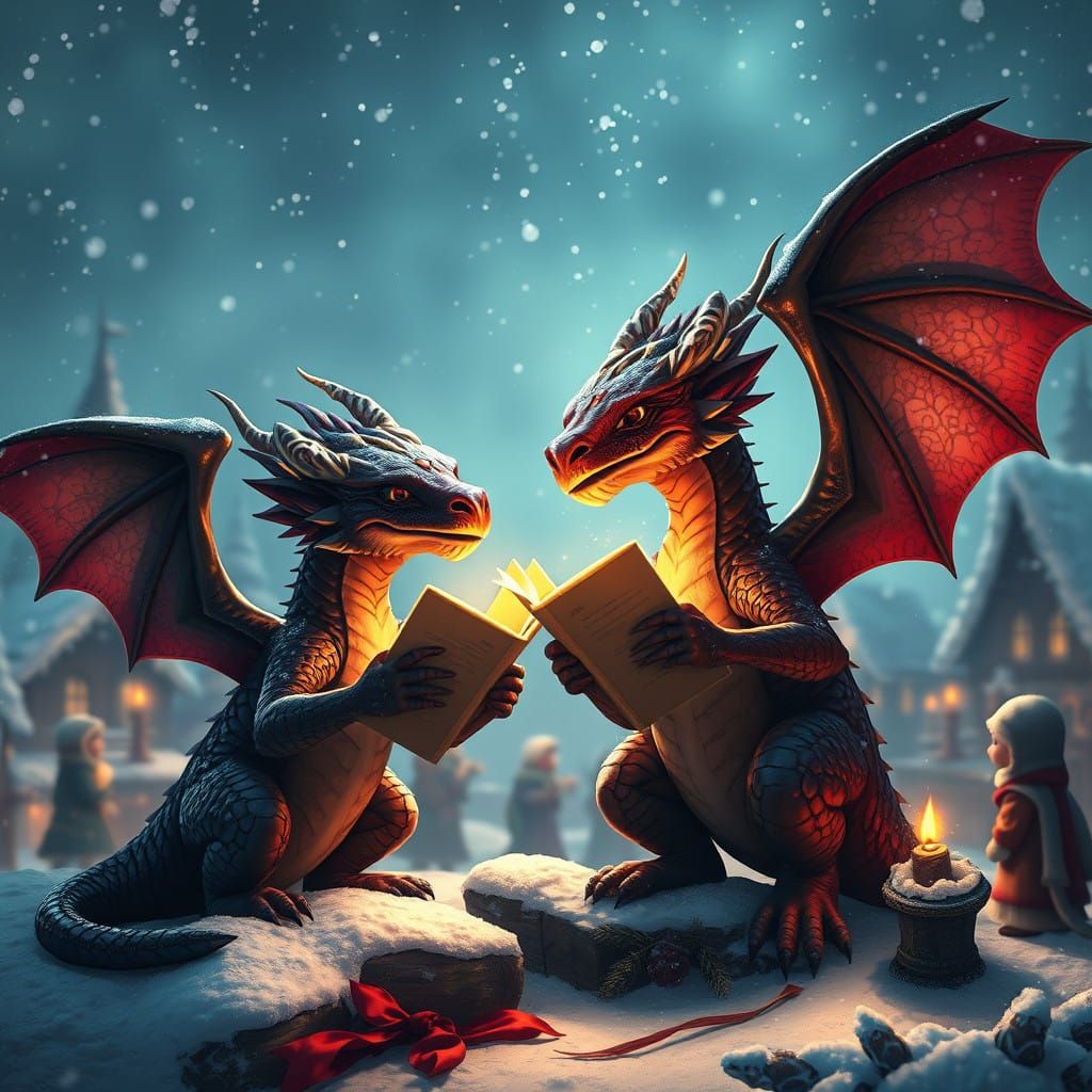 Fantastical Dragons Sing Christmas Carols in a Snowy Village