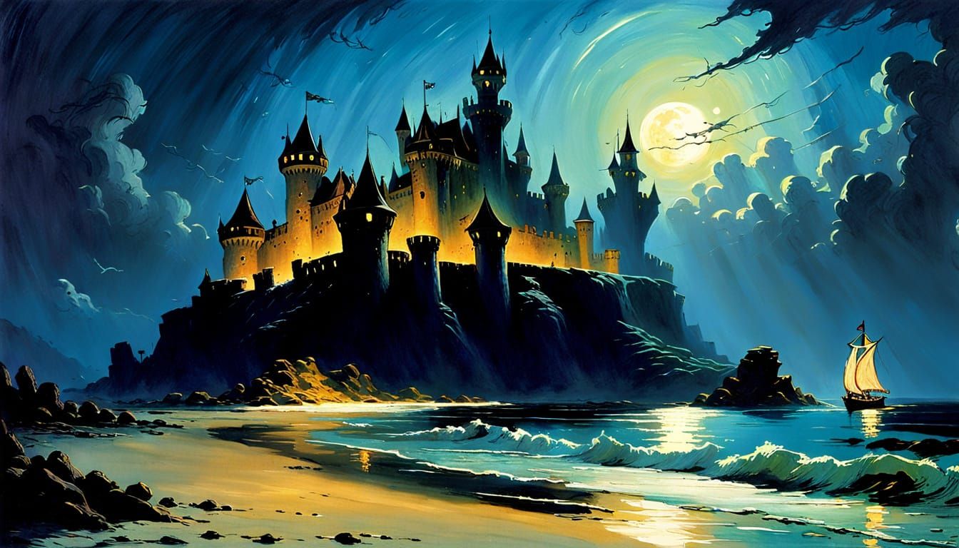 Enchanted Castle by the Ocean at Night