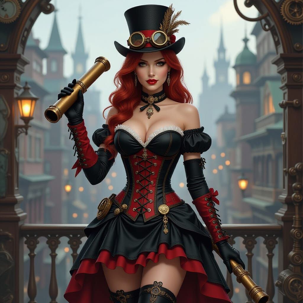 Steampunk Redhead Woman with Telescope in Cityscape