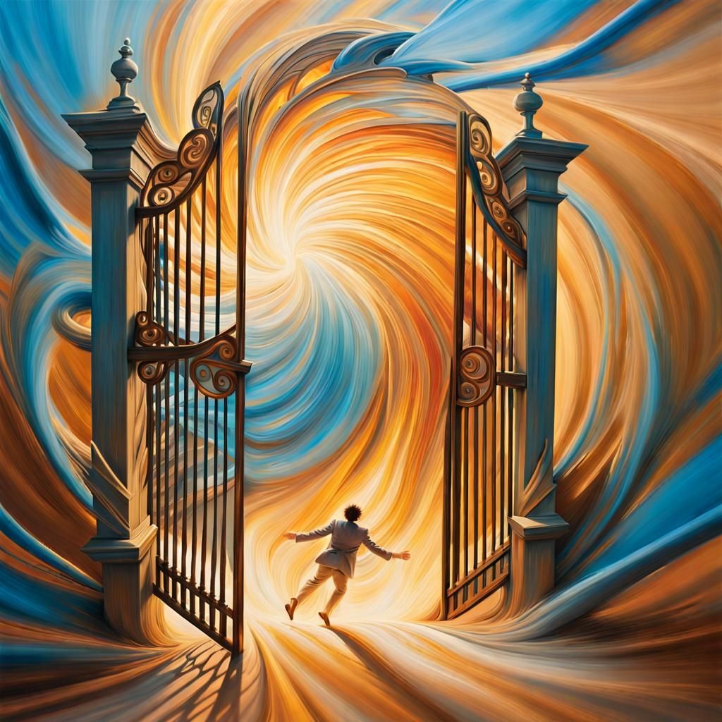 Surreal Figure Bursts Through Gate in Dreamlike Style
