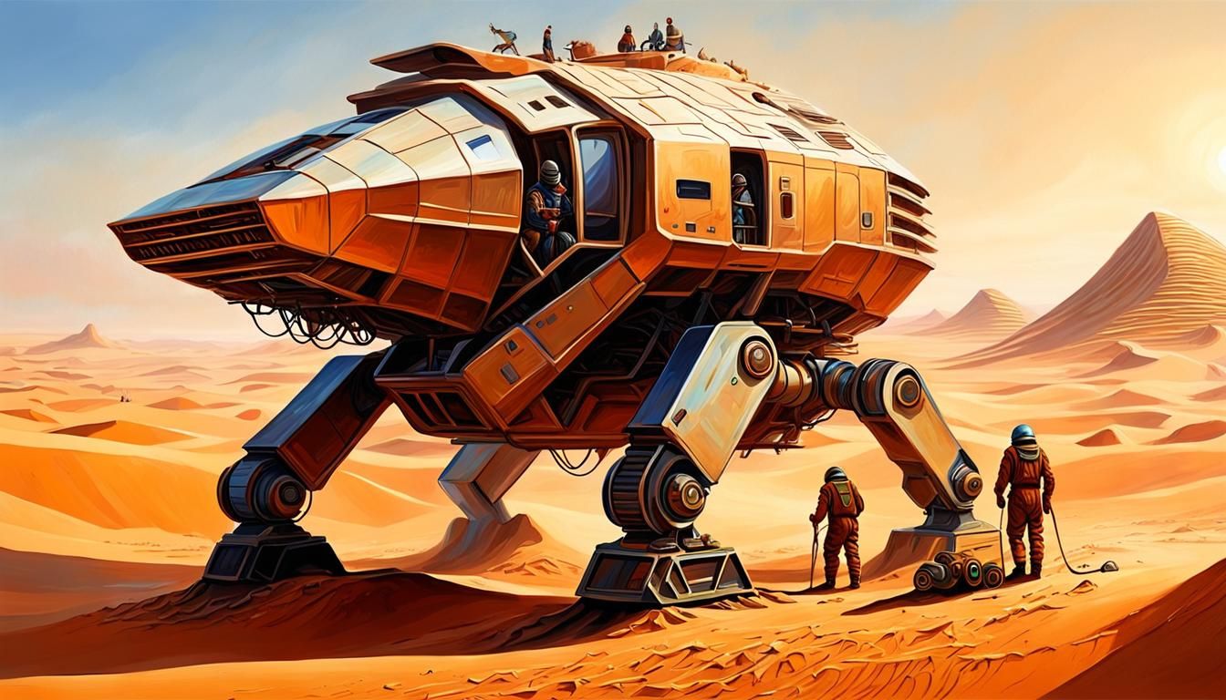 Fremen Repairs Spice Harvester: An Oil Painting