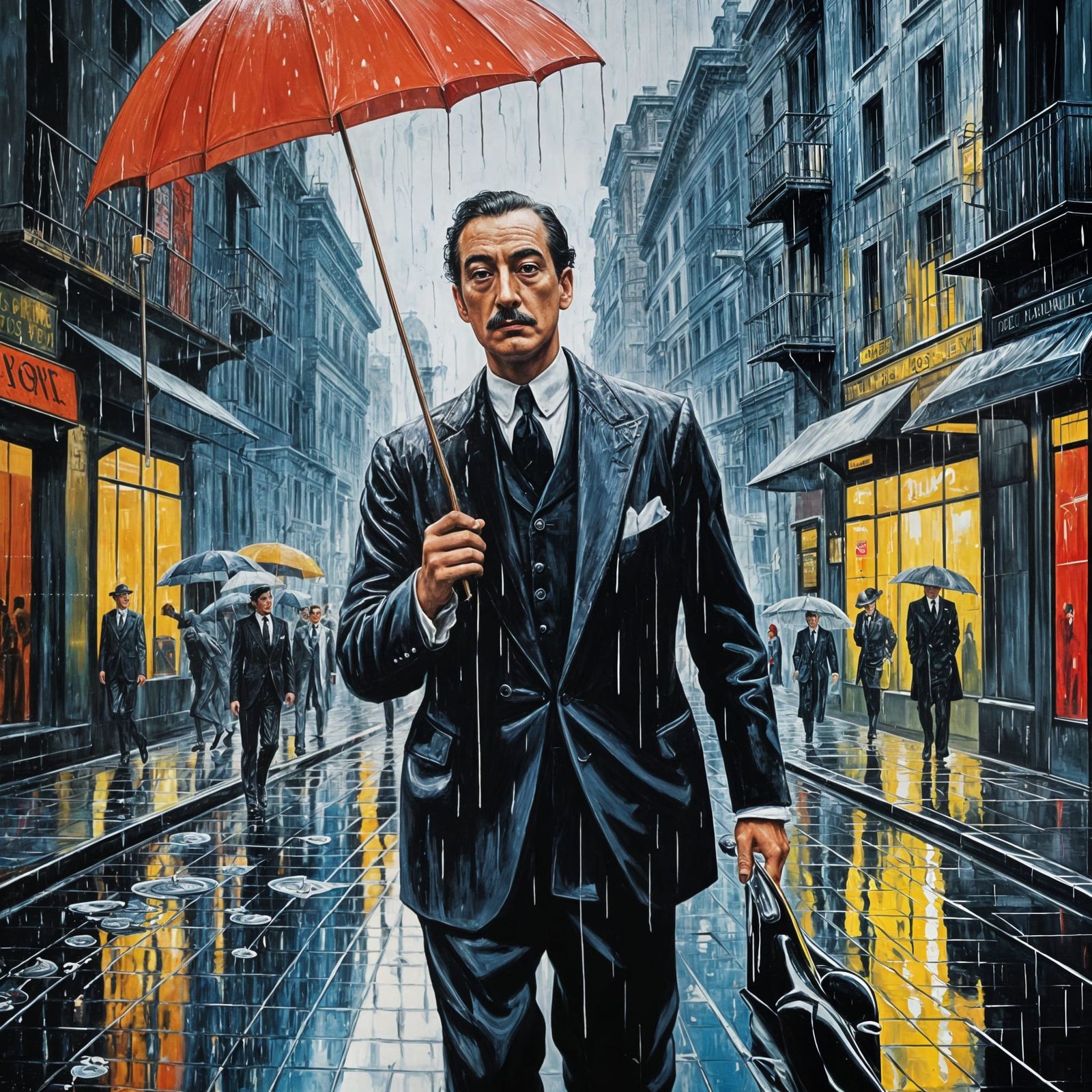 Surreal Man in 1920s Clothing Walks in Rainy City