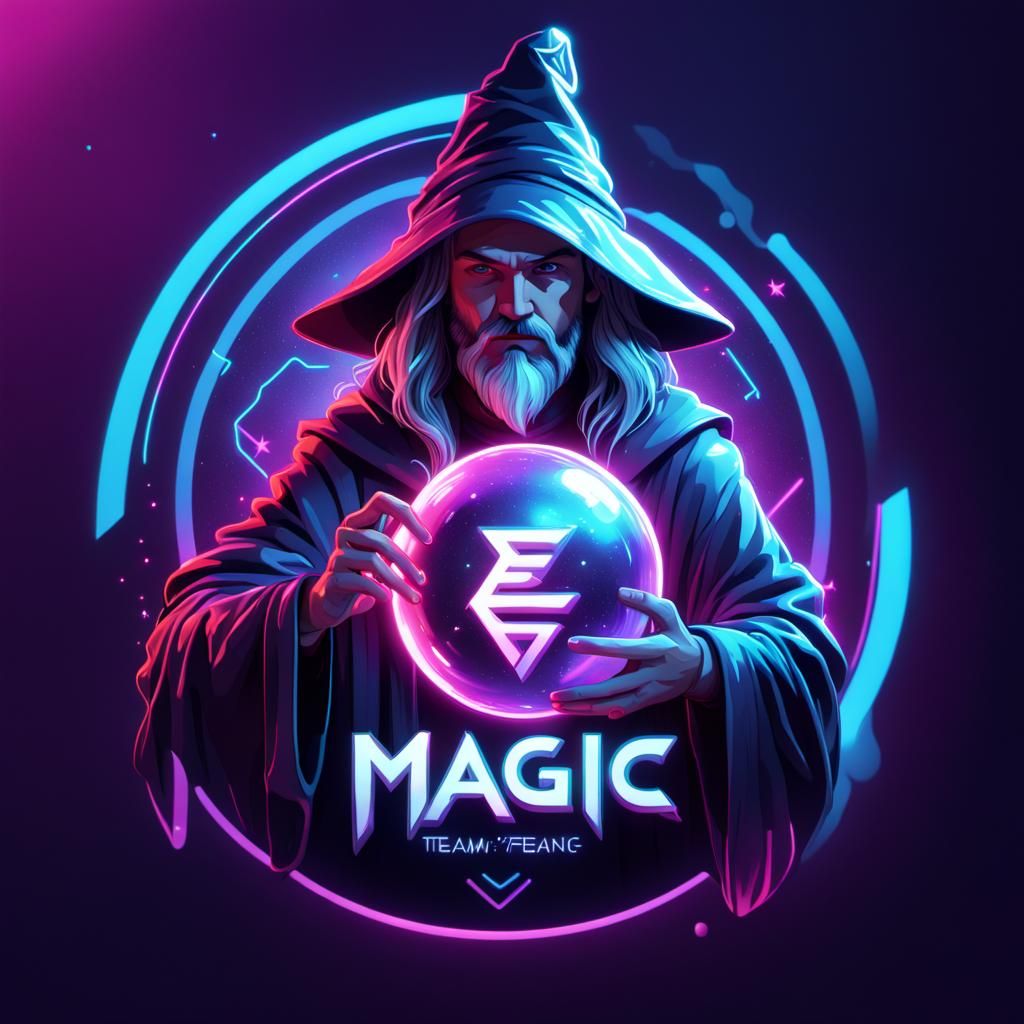 Magic Wizard Logo Design in Cyberpunk Fantasy Style